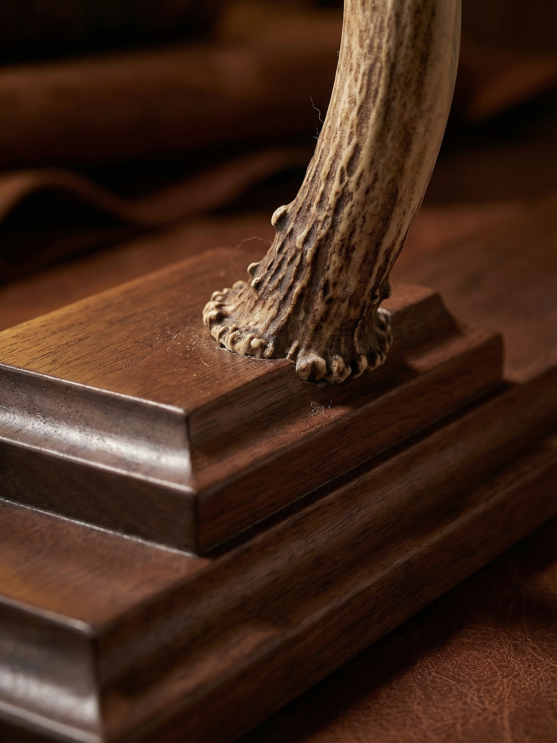 Detail of antler-to-walnut junction
