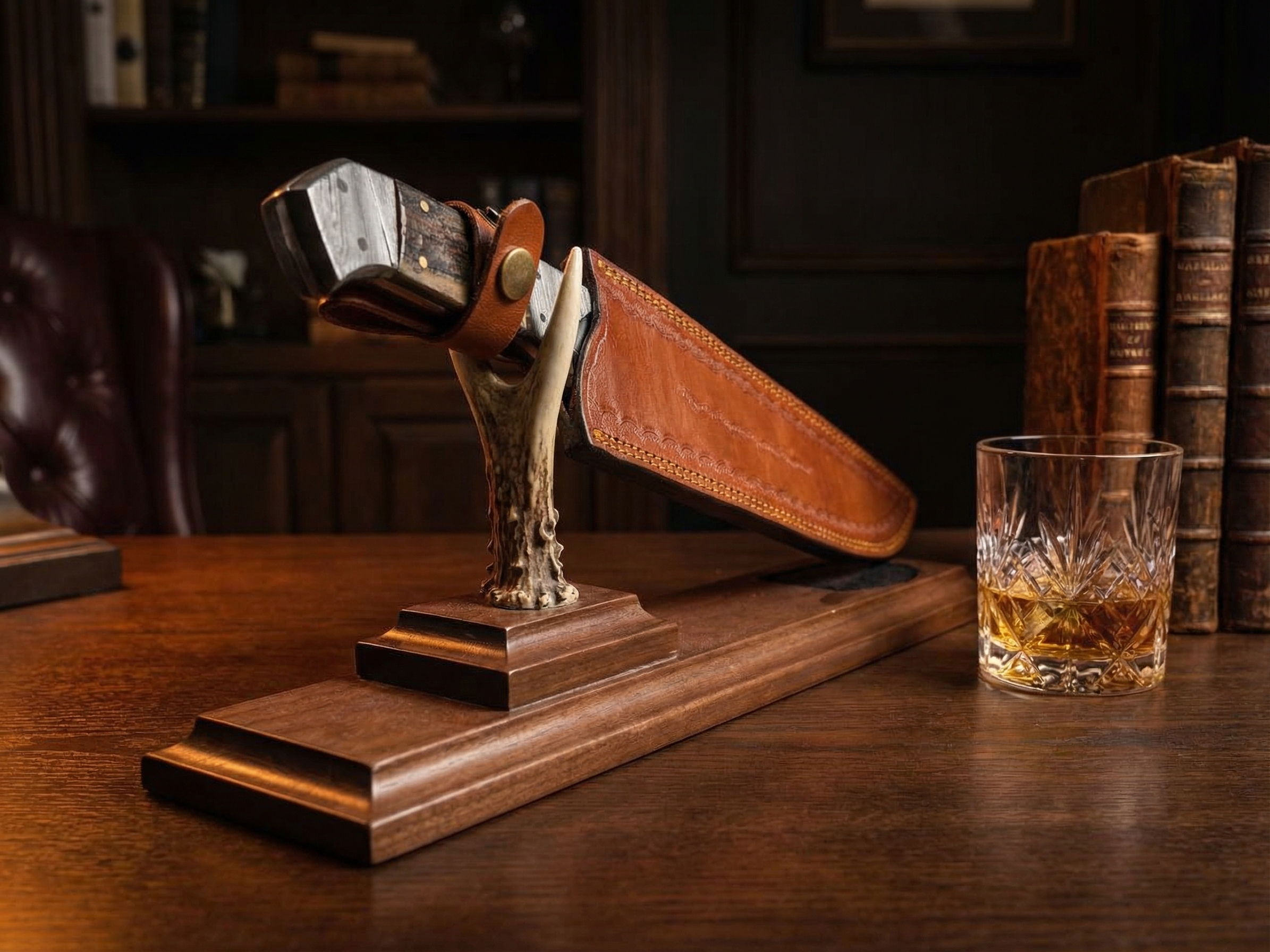Bowie knife with whiskey and books